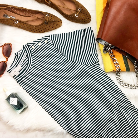 LOFT Tops - Green & White Striped Ribbed Button Detail Tee LOFT Tops - Green & White Striped Ribbed Button Detail Tee